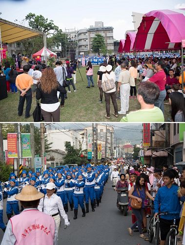 '天国乐团演奏“高山青”、“法轮大法好”，乐音响彻山岭，吸引相当多的群众观看。'