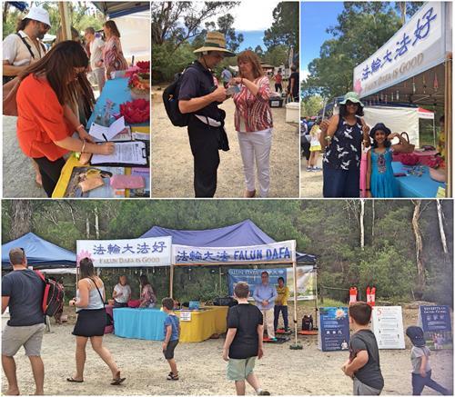 图1： 二零一九年三月二十四日，曼宁汉姆市议会（Manningham City Council）举办的年度节庆Warrandyte Festival 吸引万余市民和游客，图为法轮大法展位上，民众了解真相后在征签表上签名，以及美丽莲花带给孩子和家长的欣喜。