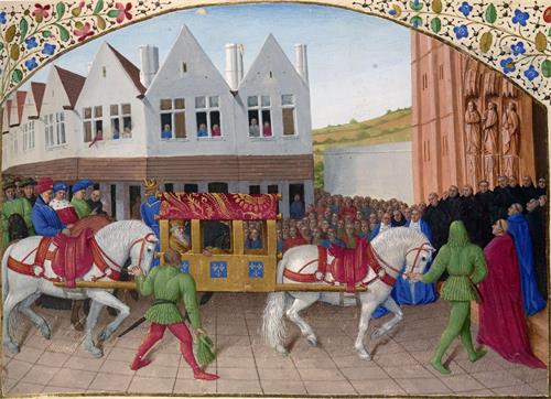 图例：法国画家富盖（Jean Fouquet）的小彩画《查理四世抵达圣德尼大教堂》（Arrival of Charles IV at the Basilica Saint-Denis），约作于1455年～1460年间。画家对前景的地板和其它一些地方采用了类似曲线透视的画法，只是略显夸张。