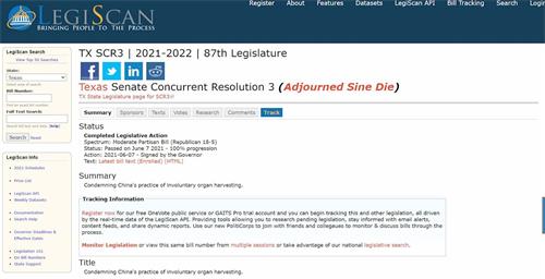 '图1：美国德州州长签署决议案SCR3，谴责中共活摘器官。'